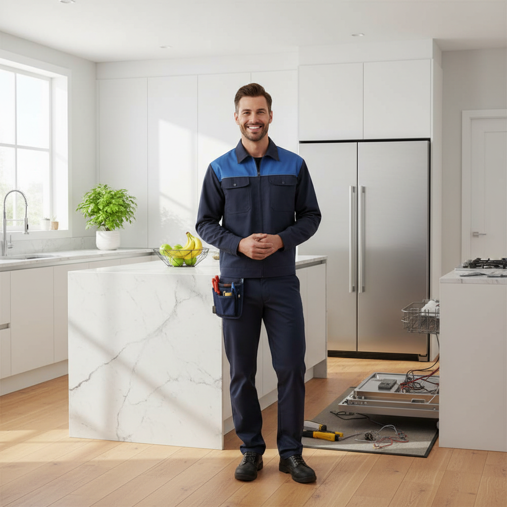 Smiling appliance repair technician in a modern kitchen