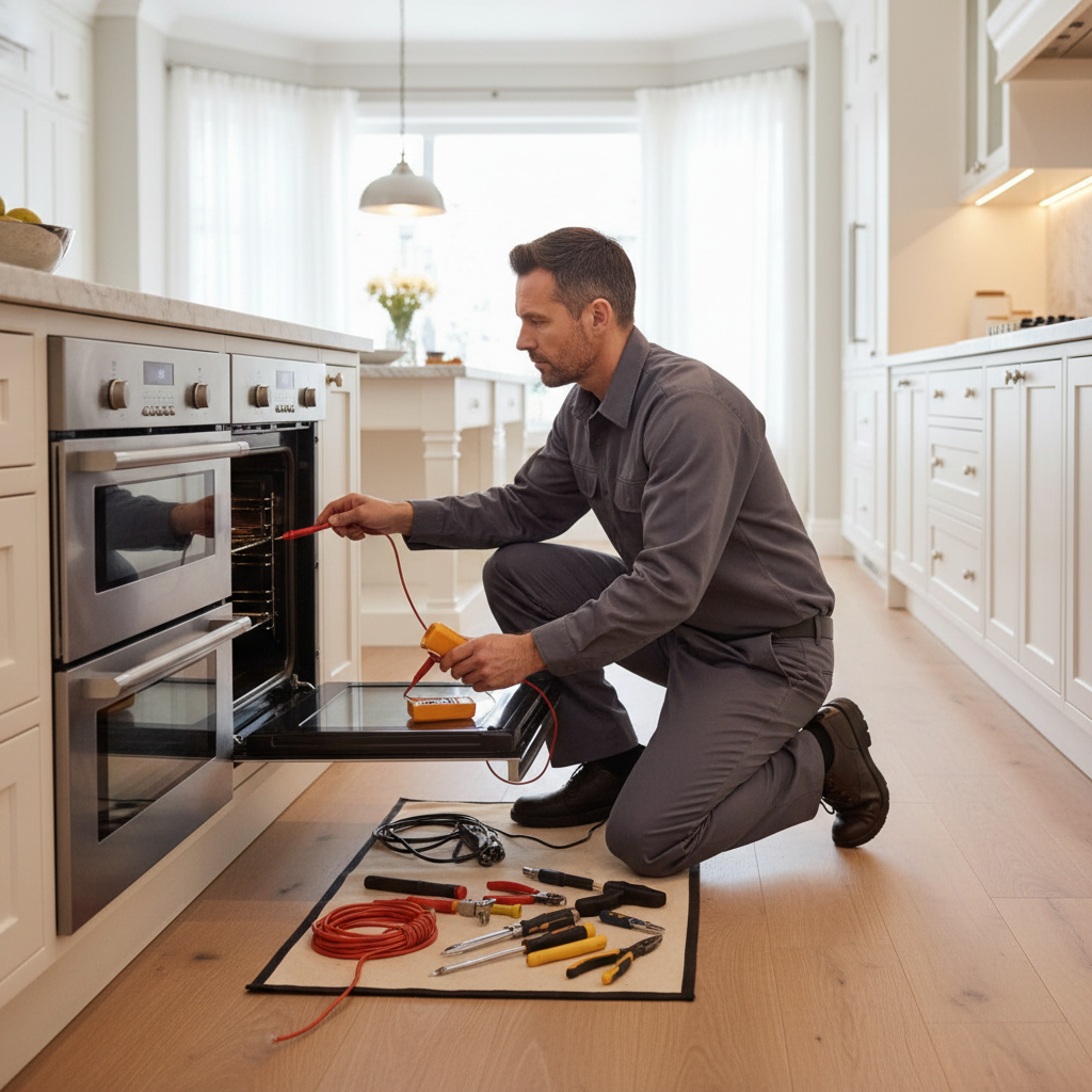 Technician repairing a built-in oven